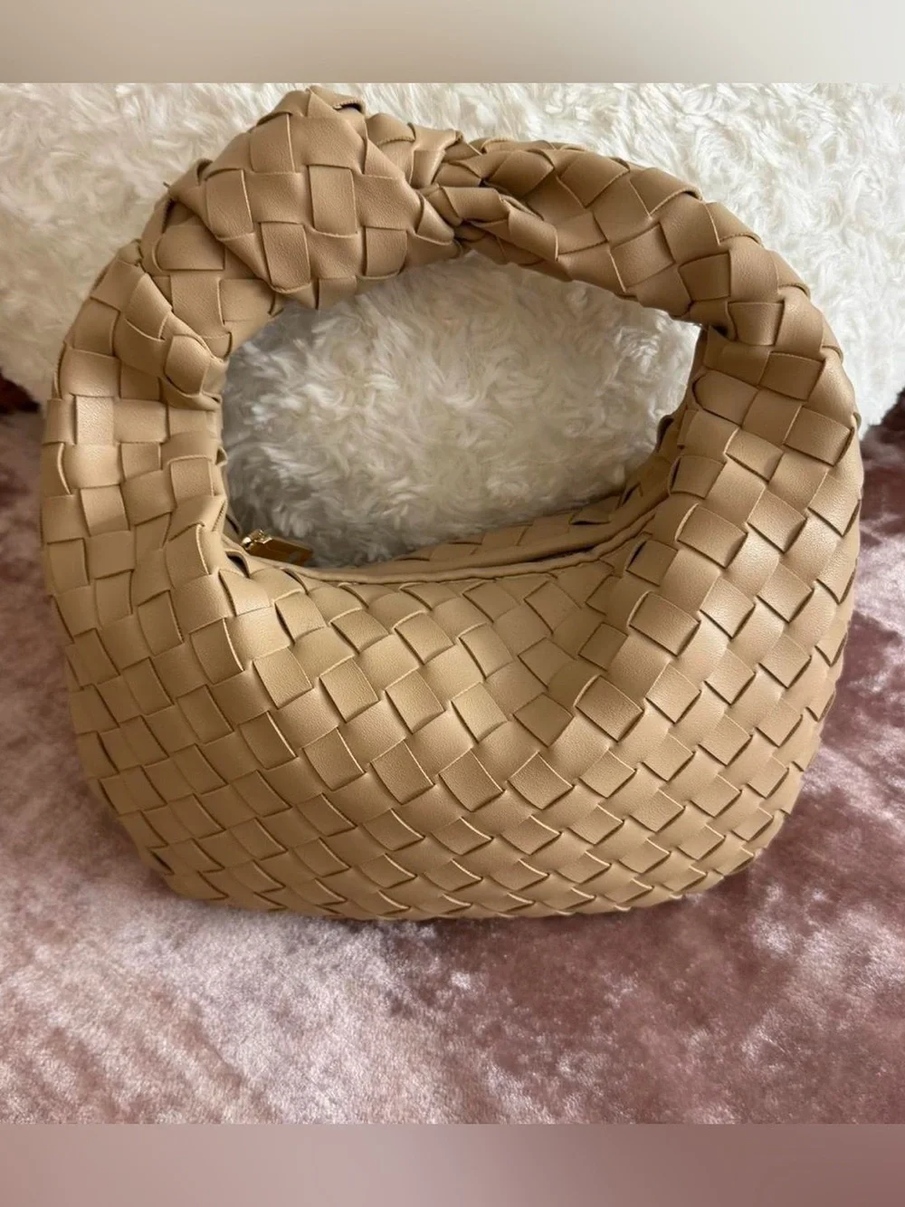 Woven Crescent Hobo Bag in Cream and gold hardware